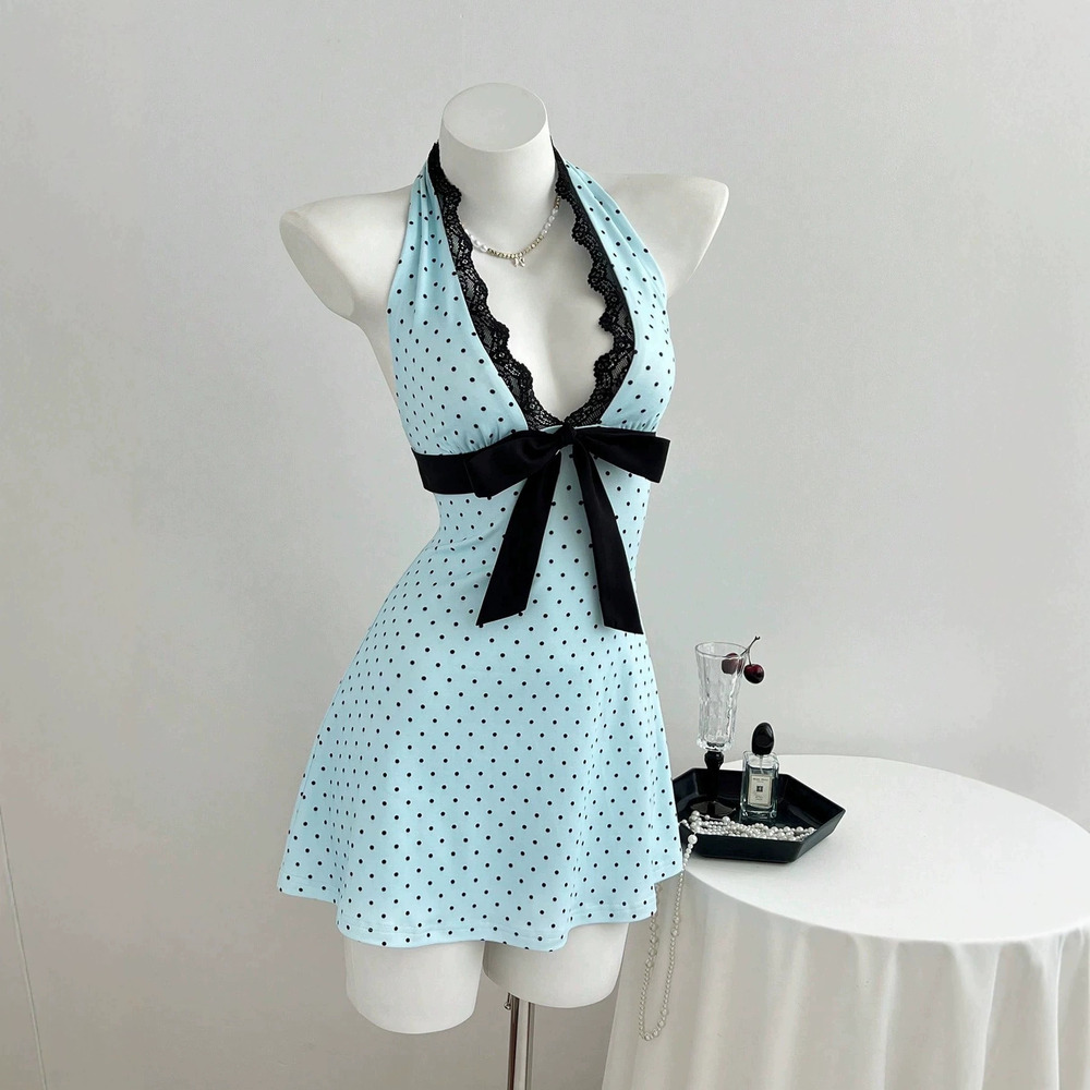 Zara Polka Dot Halter Neck Mini Dress Lace Trim Bow Waist